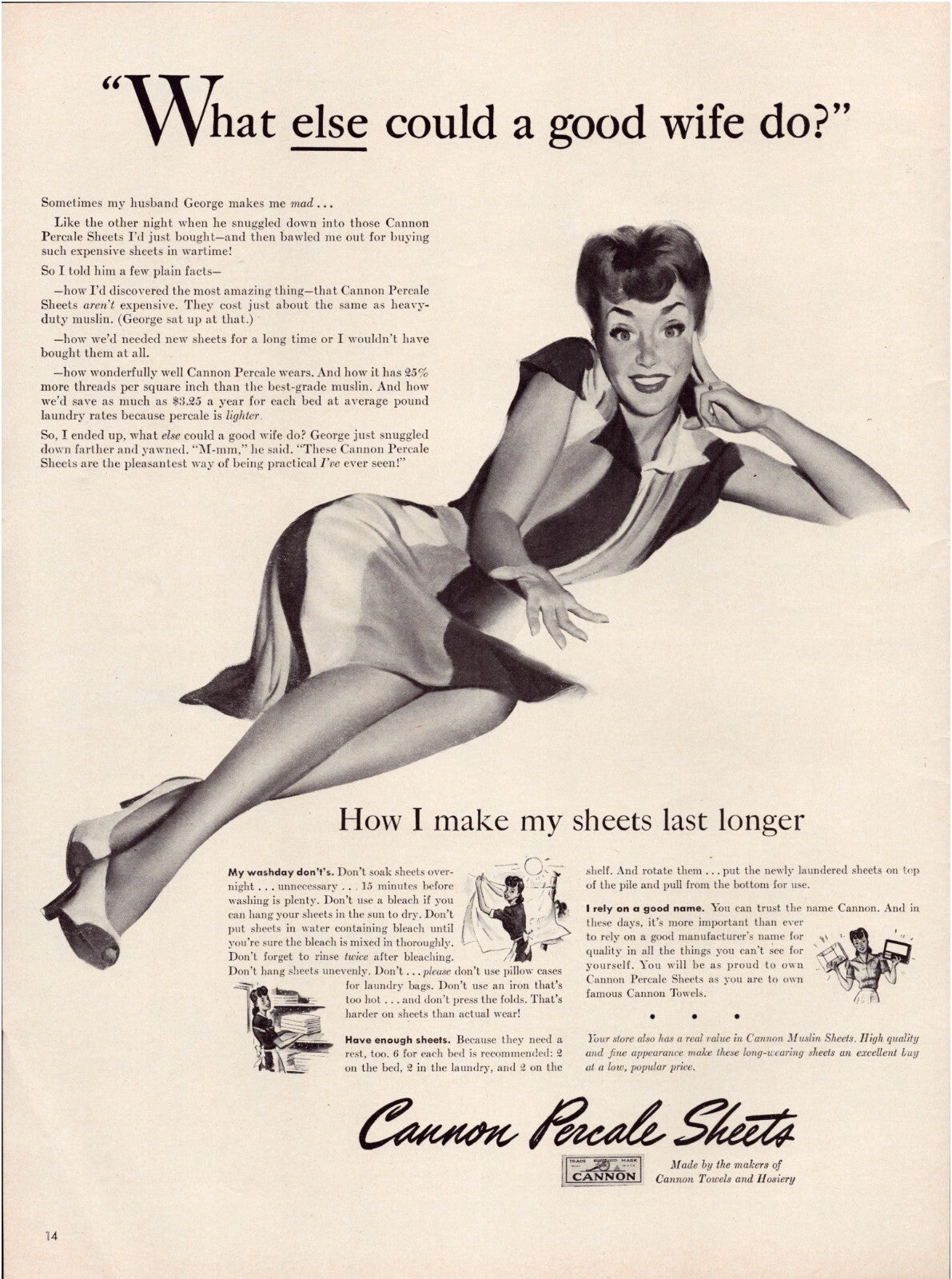 Cannon Percale Sheets 1942 Print Ad Pin-Up GGA Full Page 10.5 x 13.5