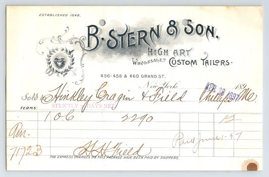 New York City B Stern and Son custom tailor billhead 1897 ornate typography fashion business document