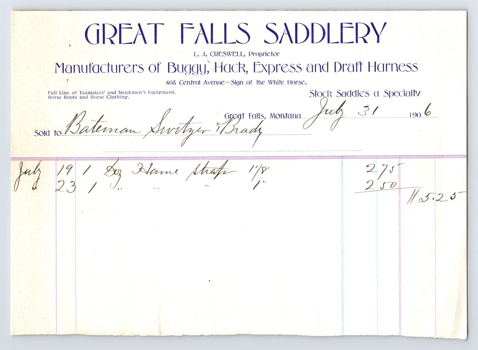 Great Falls Montana July 31 1906 Great Falls Saddlery L J Creswell Proprietor Manufacturers of Buggy Hack Express and Draft Harness Billhead