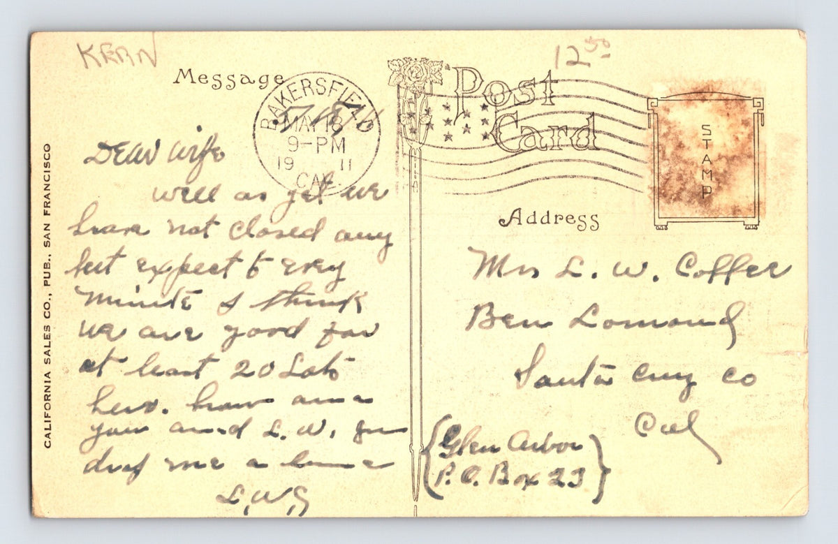 Bakersfield California Southern Hotel 1911 Postcard Posted Divided Back Sepia