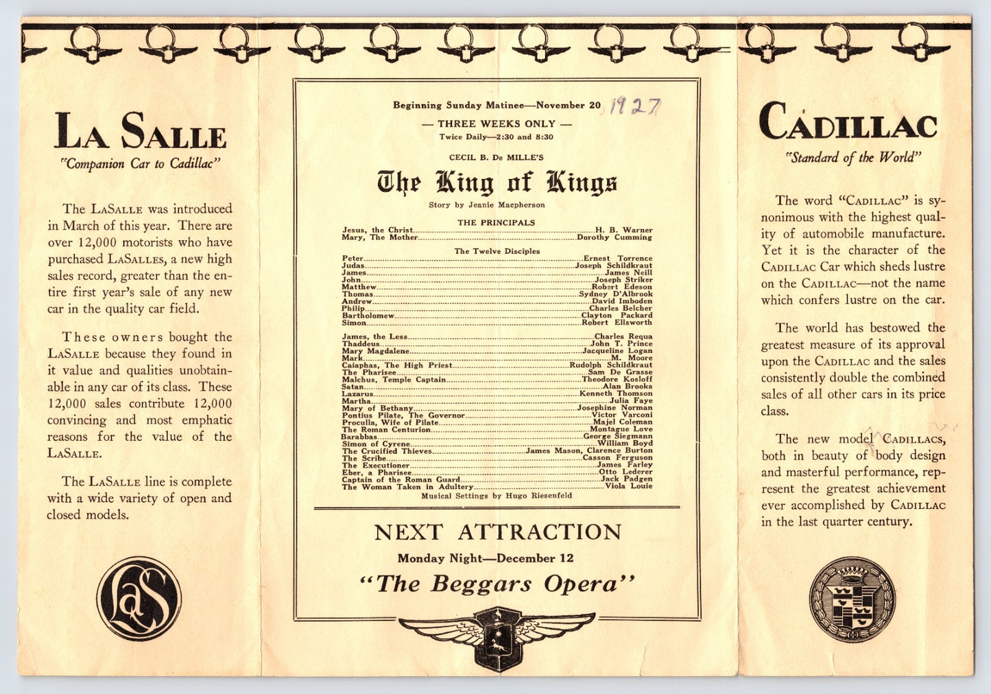 King of Kings 1927 film program La Salle Cadillac advertising DeMille theater promotion booklet page