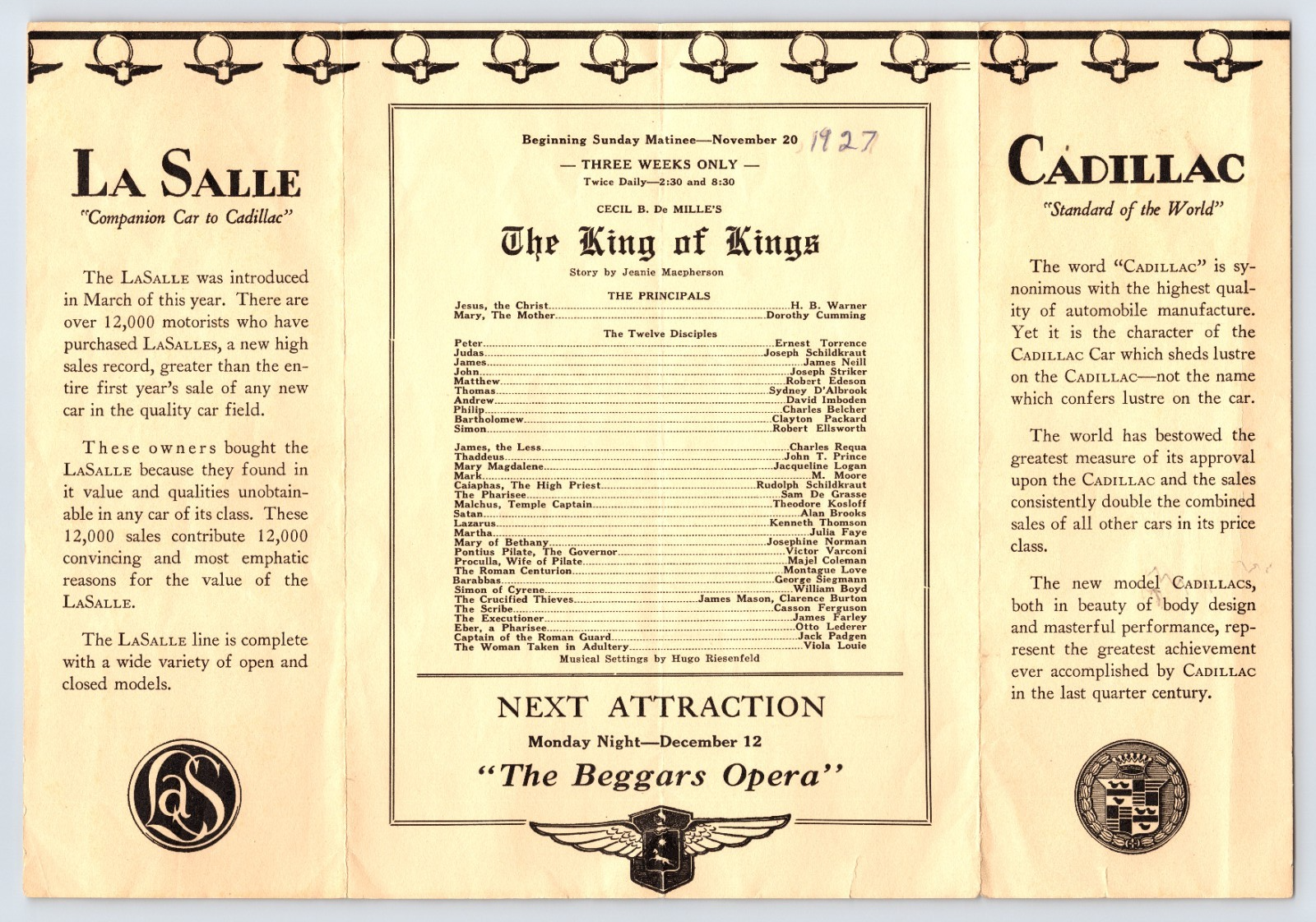 King of Kings 1927 film program La Salle Cadillac advertising DeMille theater promotion booklet page