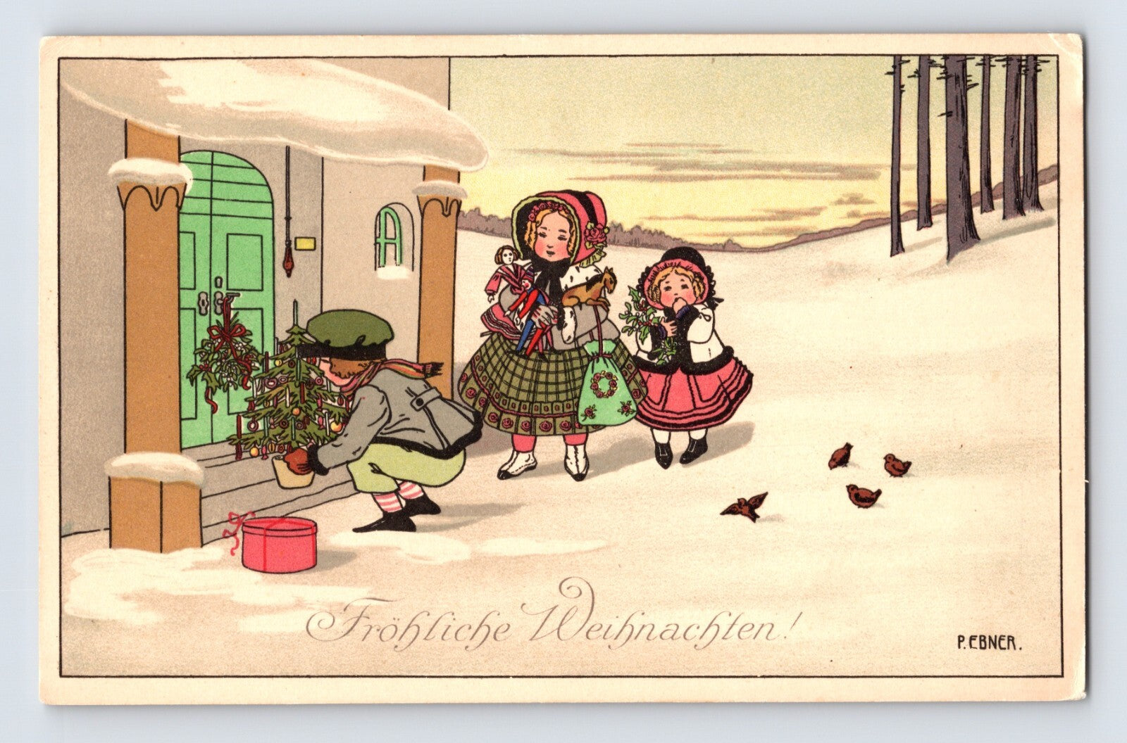 Christmas children at doorstep with gifts winter scene by Pauli Ebner 1910s postcard front view