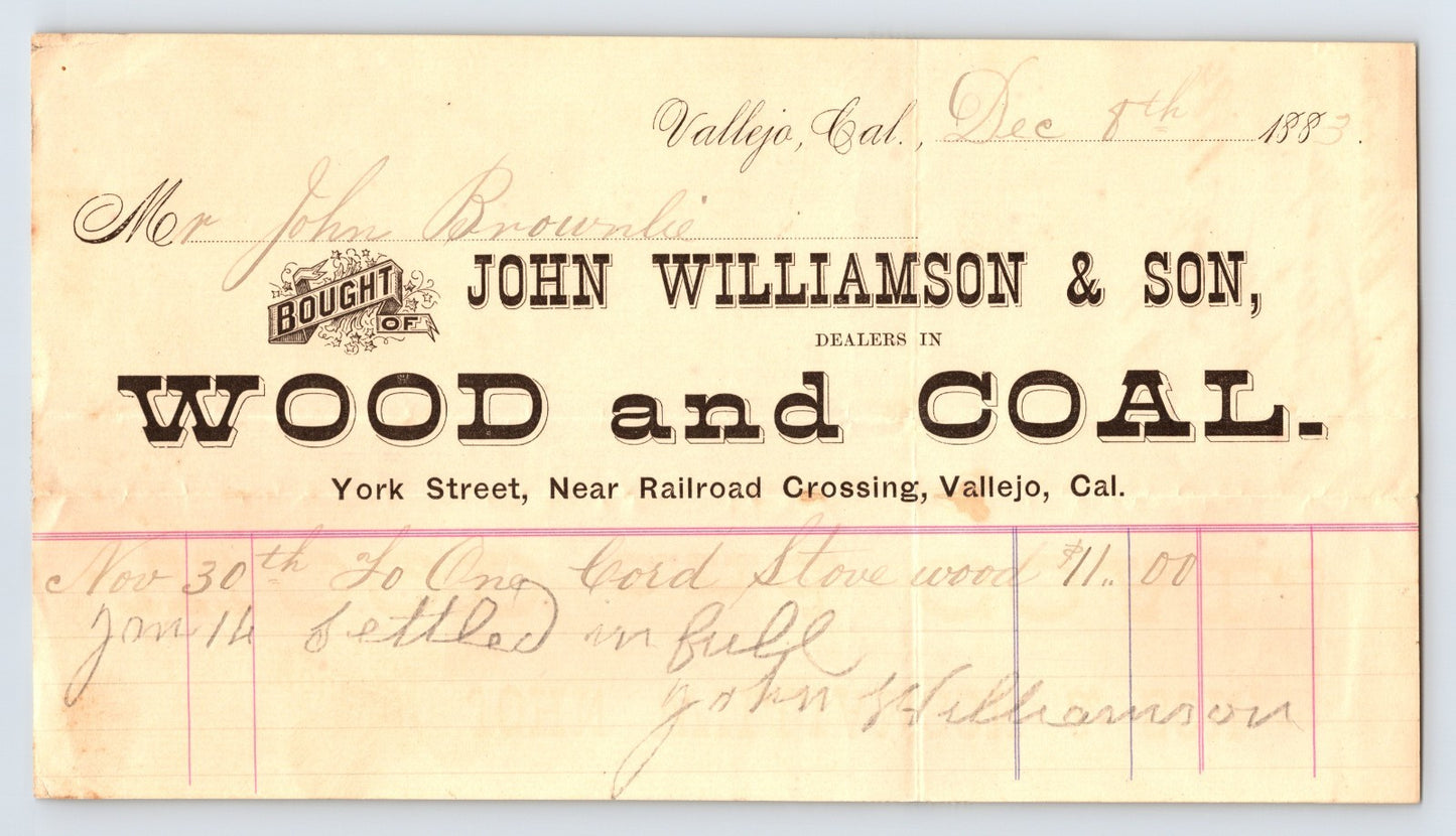 Vallejo California John Williamson Son wood coal billhead invoice 1883