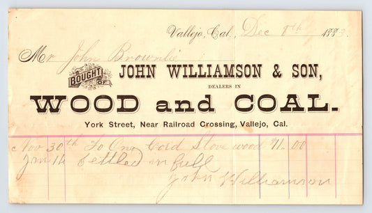 Vallejo California John Williamson Son wood coal billhead invoice 1883