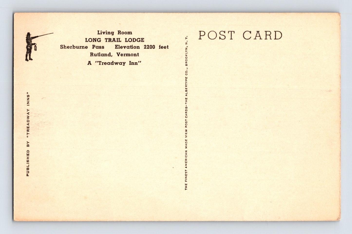 Rutland Vermont Long Trail Lodge Hotel Lobby 1930s Postcard Unposted