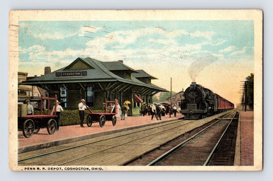 Coshocton Ohio Pennsylvania Railroad Depot Train 1910s Postcard