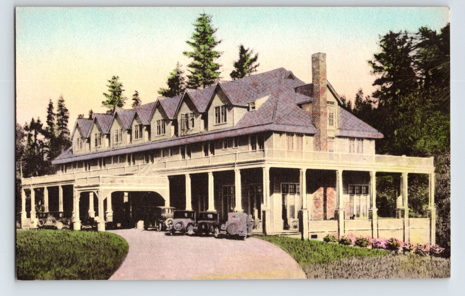 Adams Springs California Adams Springs Hotel 1920s Albertype postcard showing large wooden resort building with veranda and early automobiles