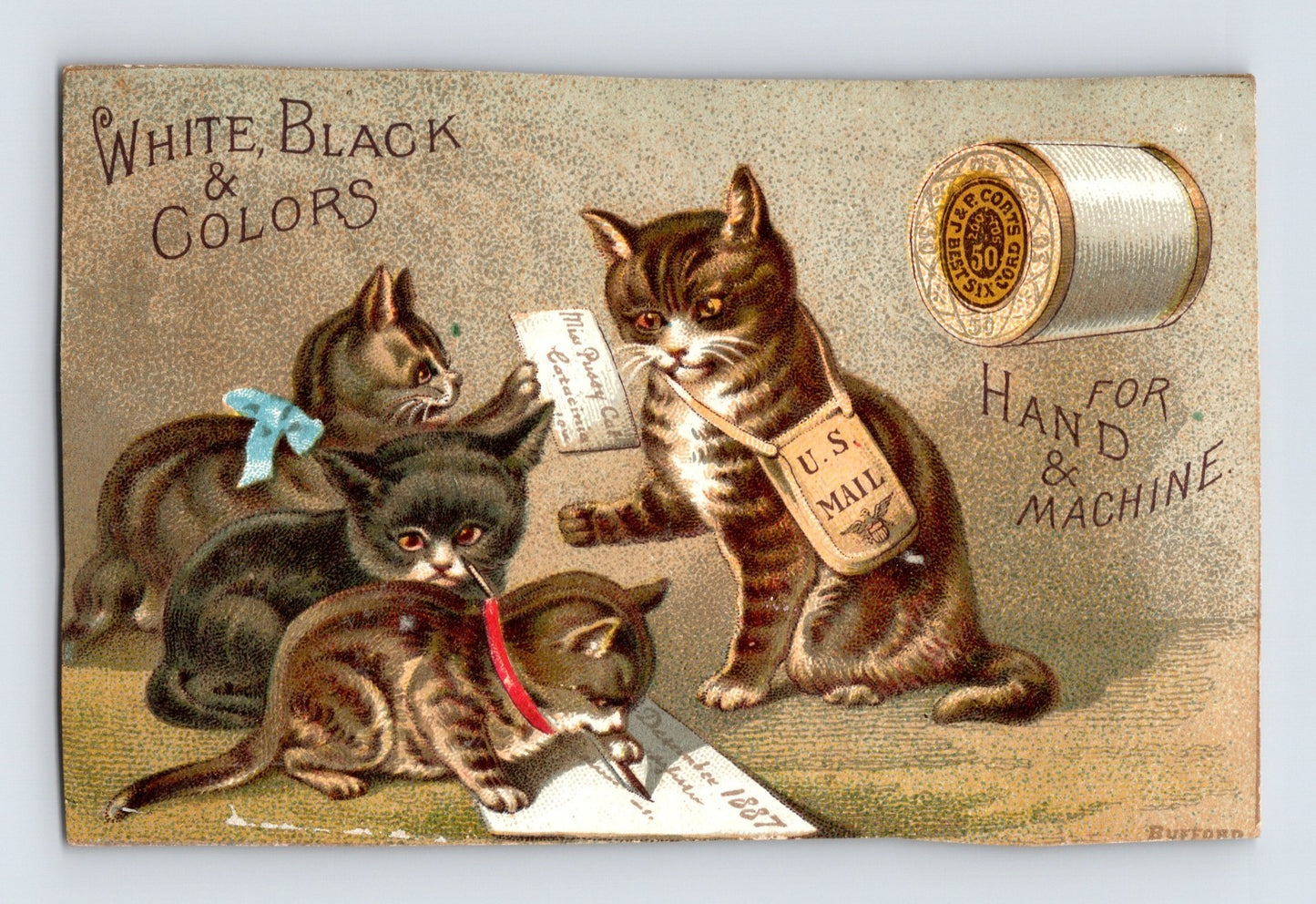 J P Coats kittens sewing thread trade card Victorian cats mail theme 1890s