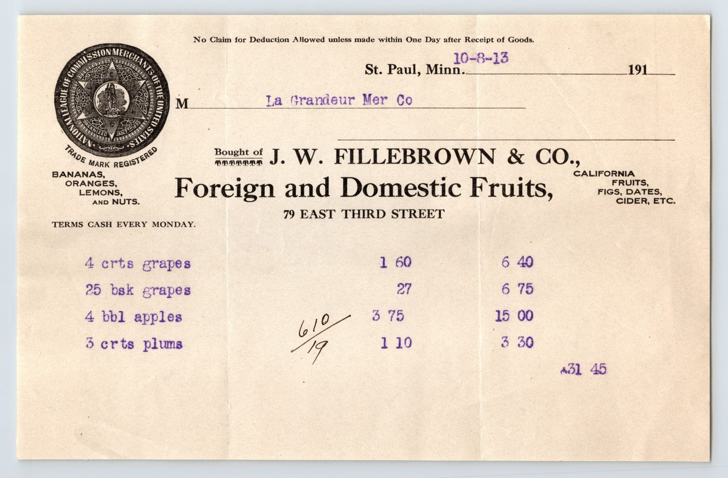 St Paul Minnesota J W Fillebrown Company fruit invoice 1913 billhead with itemized grapes apples and plums entries