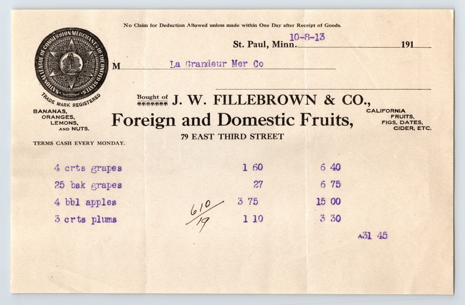 St Paul Minnesota J W Fillebrown Company fruit invoice 1913 billhead with itemized grapes apples and plums entries