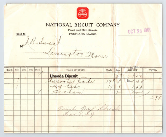 Portland Maine National Biscuit Company Uneeda Biscuit 1909 billhead invoice