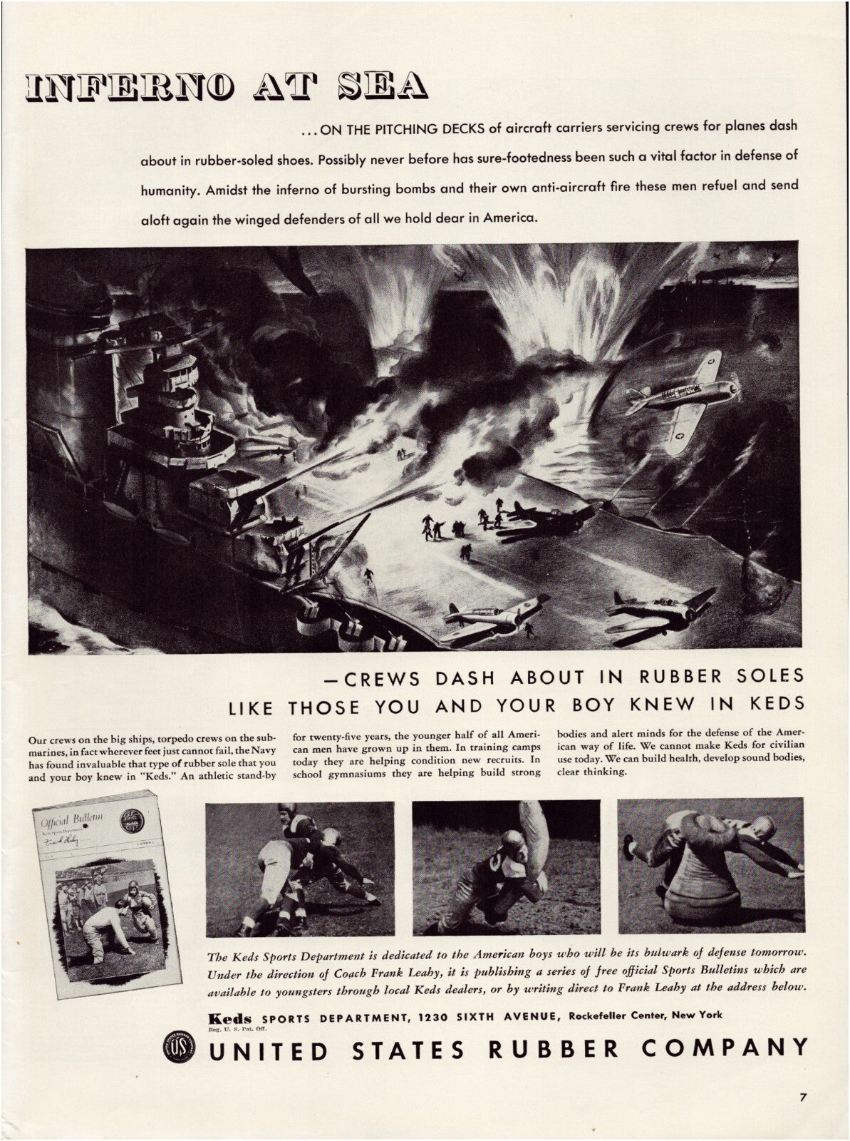 United Rubber 1942 World War II aircraft carrier battle scene print ad naval ships wartime industry promotion