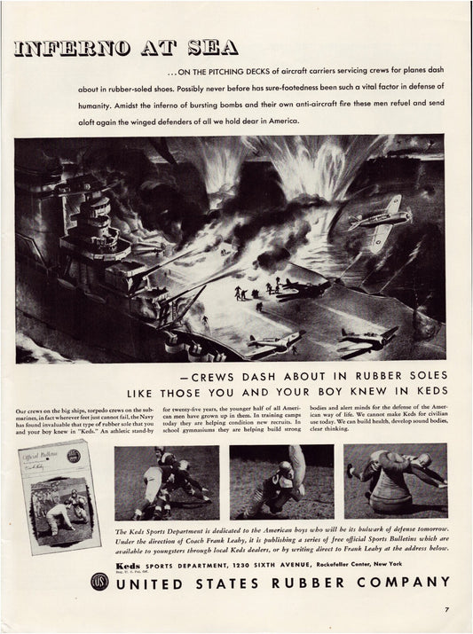United Rubber 1942 World War II aircraft carrier battle scene print ad naval ships wartime industry promotion