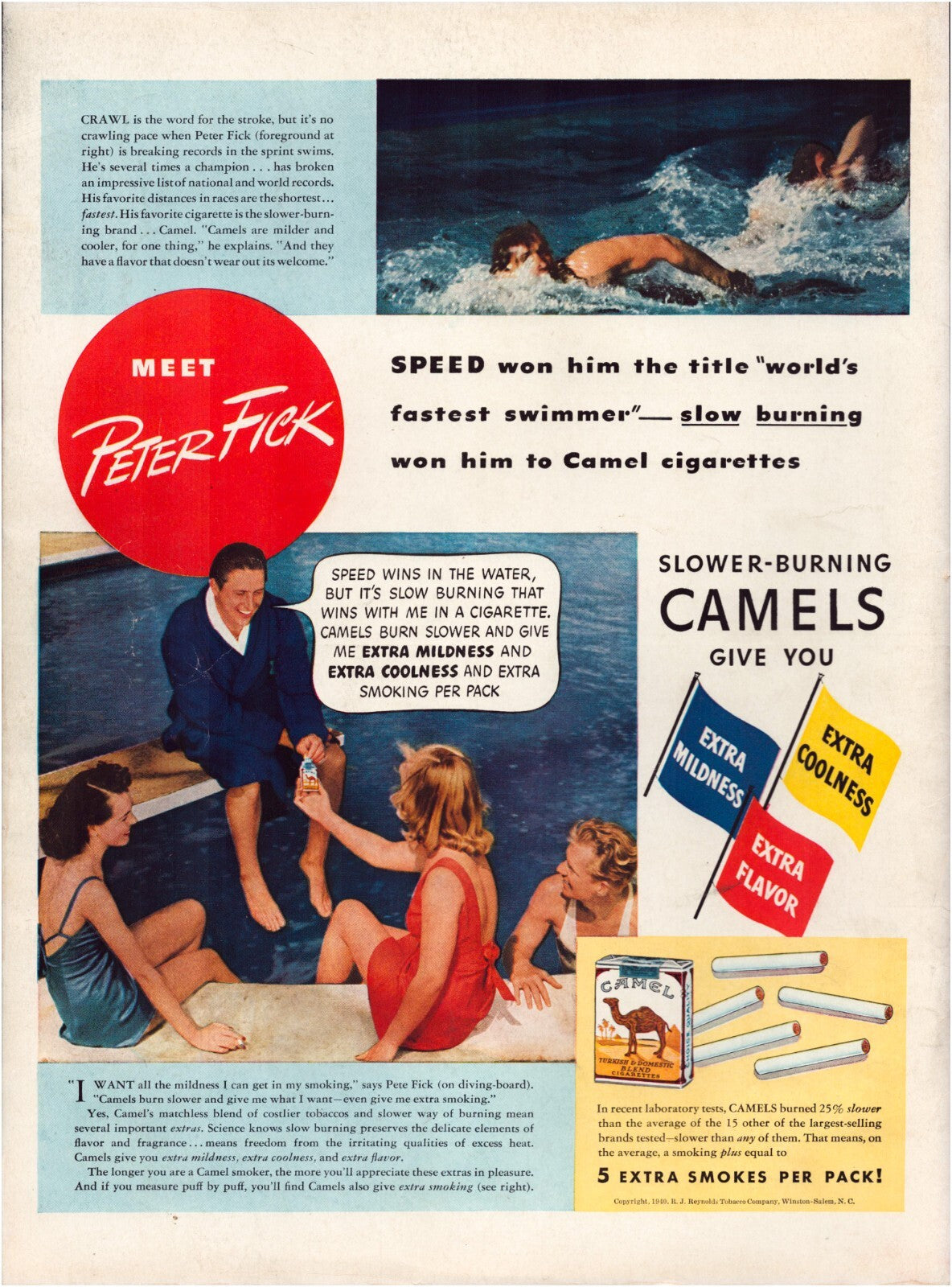 Camel Cigarettes 1940 Print Ad Peter Fick Swimmer 10.5 x 13.5