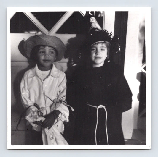 Children Halloween costumes farmer scarecrow and witch portrait 1960s snapshot 4 x 4 photo
