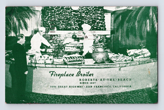 San Francisco Roberts at the Beach restaurant fireplace broiler chefs 1947 postcard