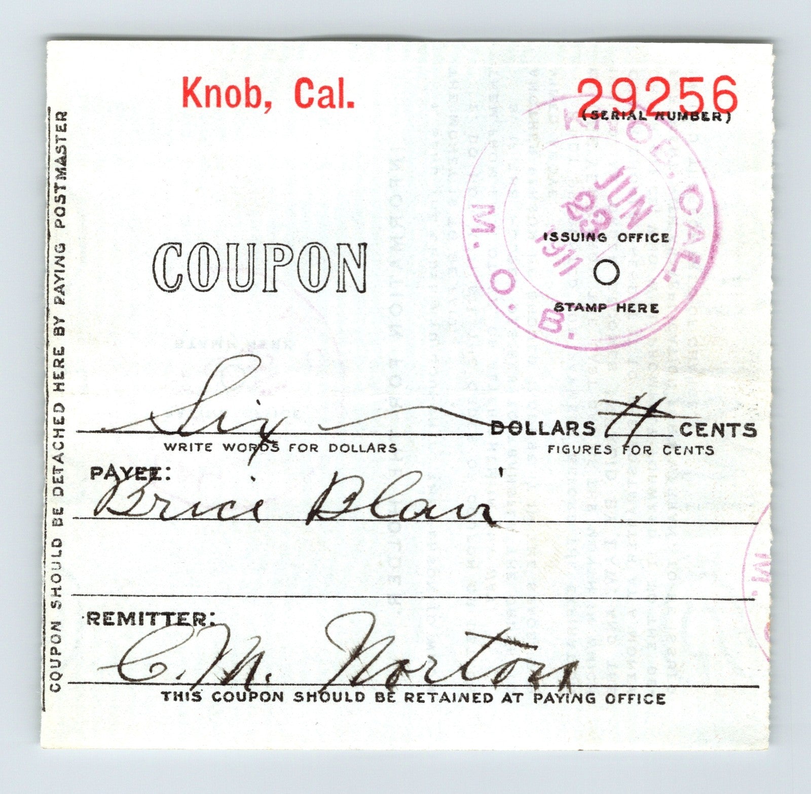 Knob California 1911 postal money order advice coupon receipt stamped document