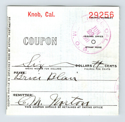 Knob California 1911 postal money order advice coupon receipt stamped document