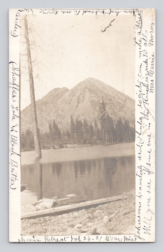 Shasta California Black Butte Shaffers Lake mountain reflection 1907 RPPC postcard