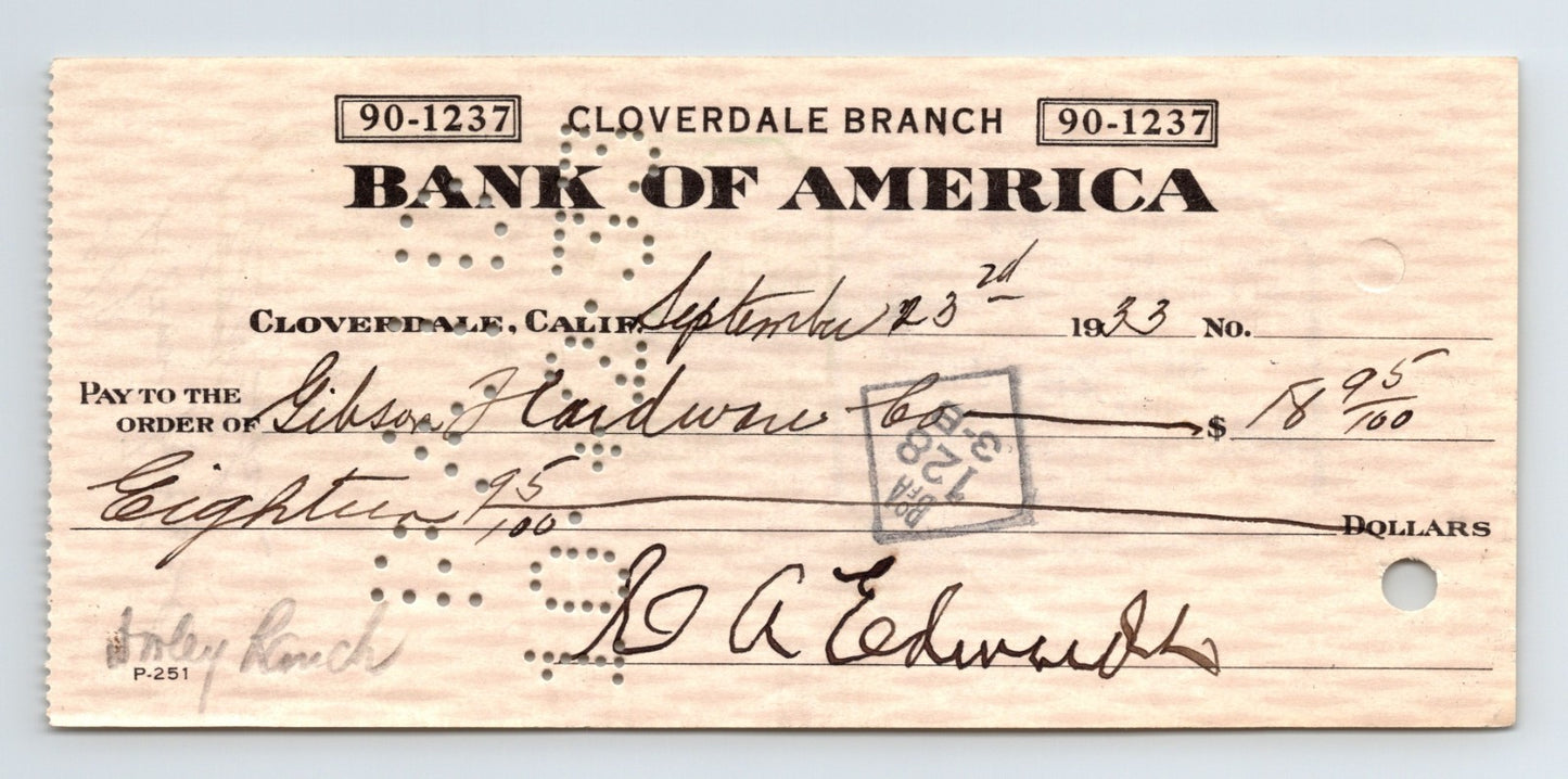 1933 Bank of America Cloverdale California money order check with perforated validation pattern handwritten payee and amount on woodgrain paper stock