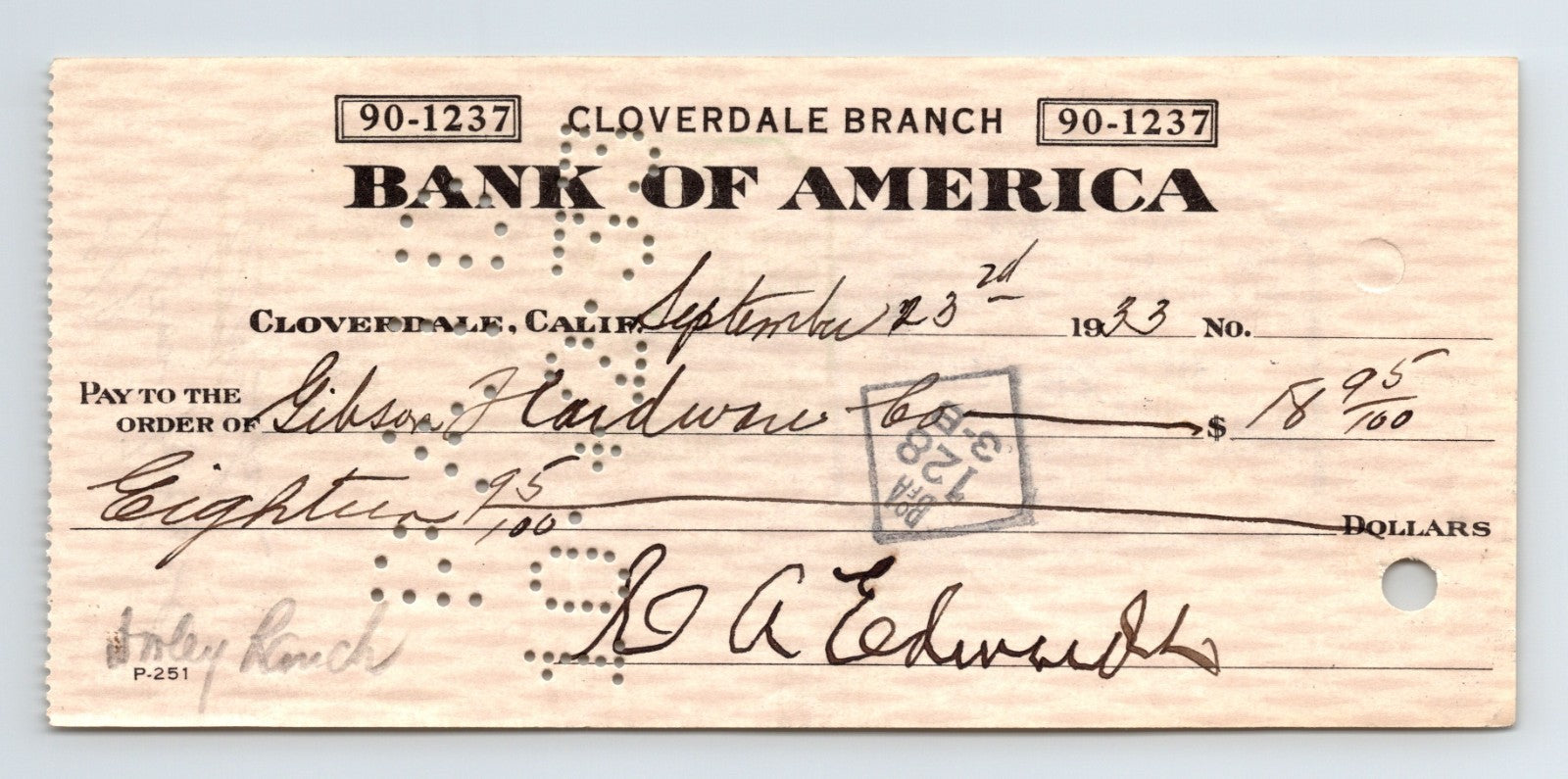 1933 Bank of America Cloverdale California money order check with perforated validation pattern handwritten payee and amount on woodgrain paper stock
