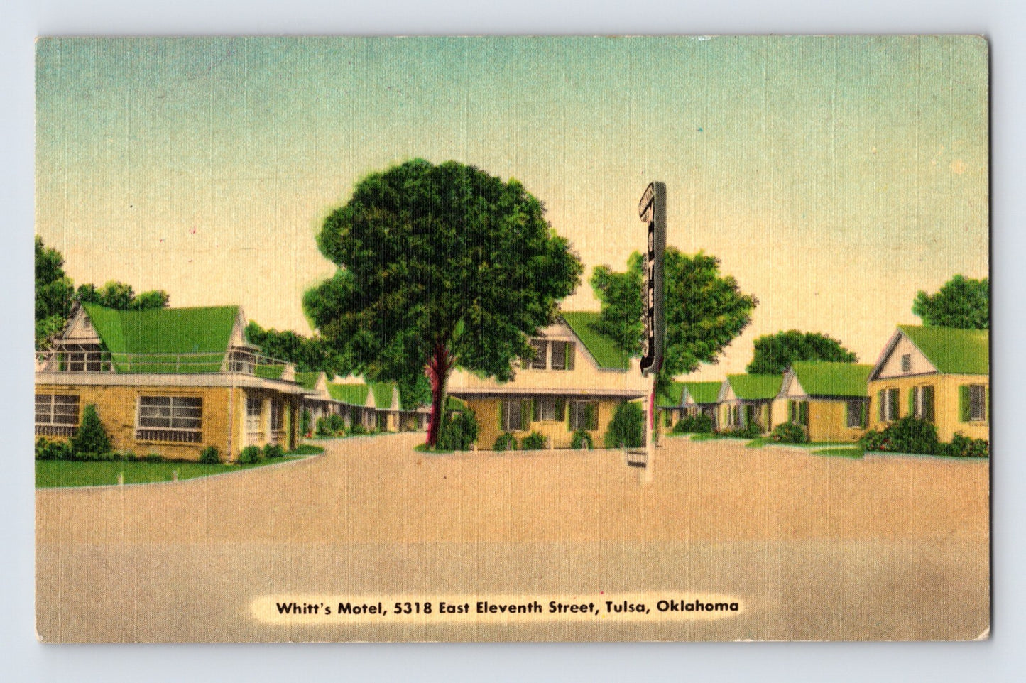 Tulsa Oklahoma Whitts Motel Route 66 cottages green roofs roadside lodging 1940s linen postcard
