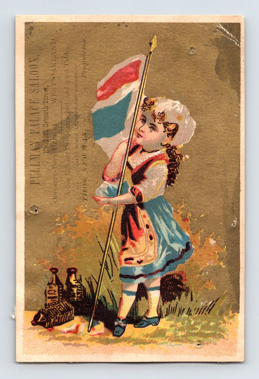 Vintage-style illustration of a girl holding a flag with a textured background
