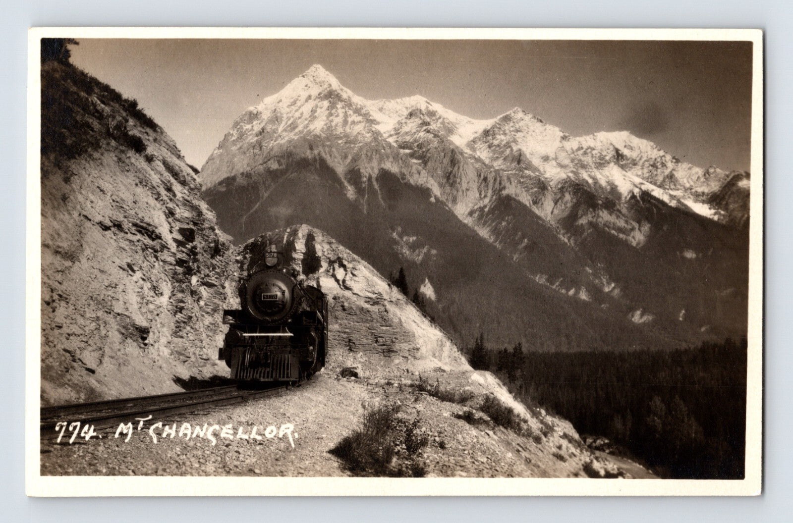 Mount Chancellor British Columbia railroad train steam locomotive mountain pass 1940s RPPC postcard photo