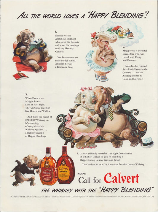 Calvert Whiskey 1941 elephant illustration print ad happy blending cartoon elephants bottles vintage advertisement