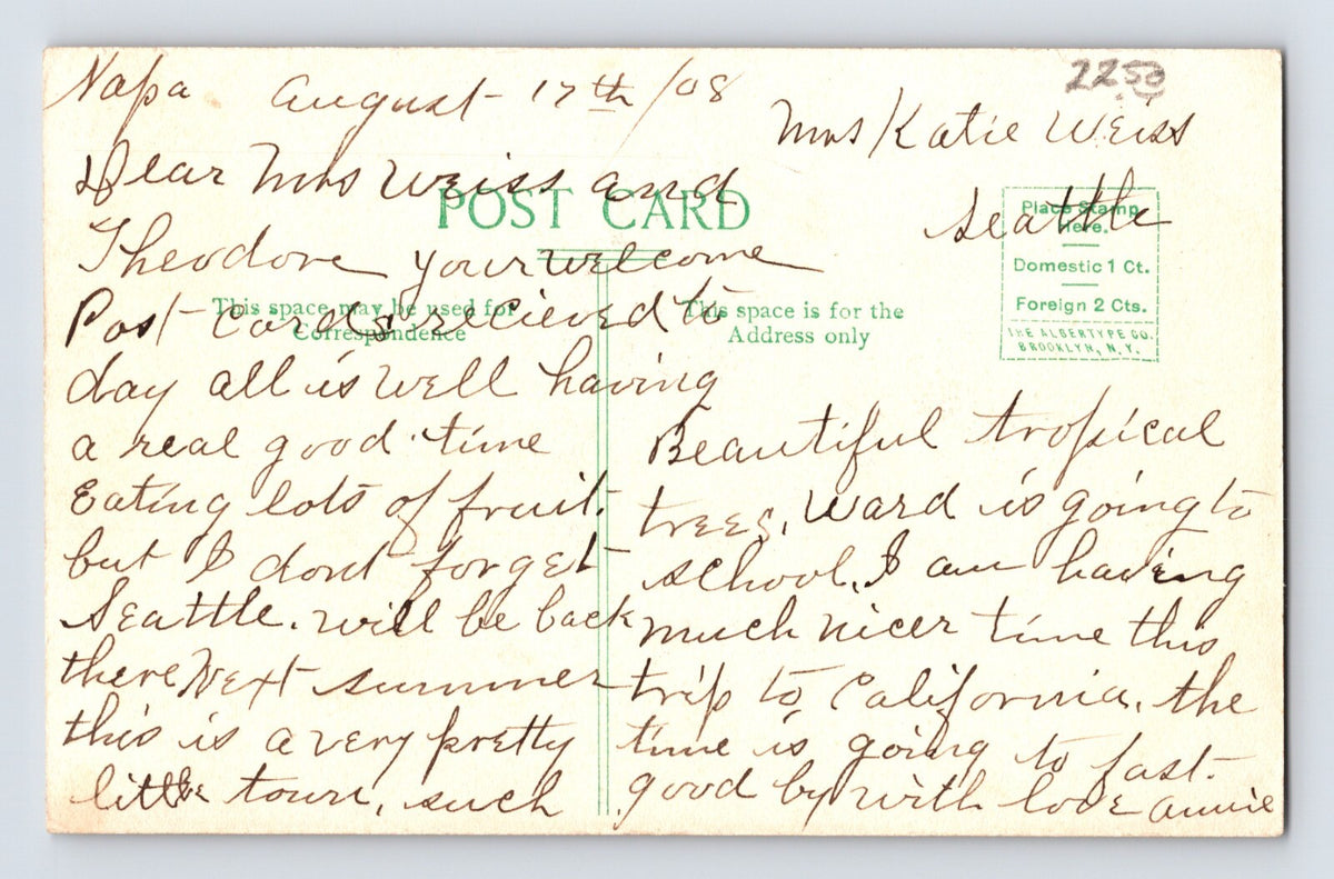 Napa California Court House Masonic Temple 1908 Postcard Posted