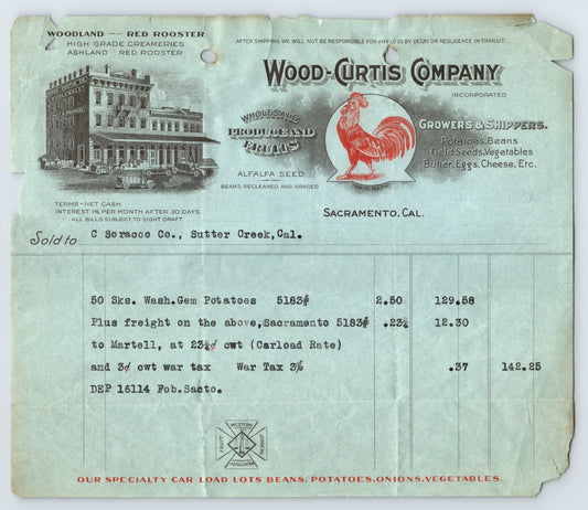 Wood Curtis Company Sacramento California produce growers shippers rooster billhead receipt
