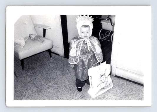 Toddler Halloween costume crown cape trick or treat bag indoor snapshot photo 1950s