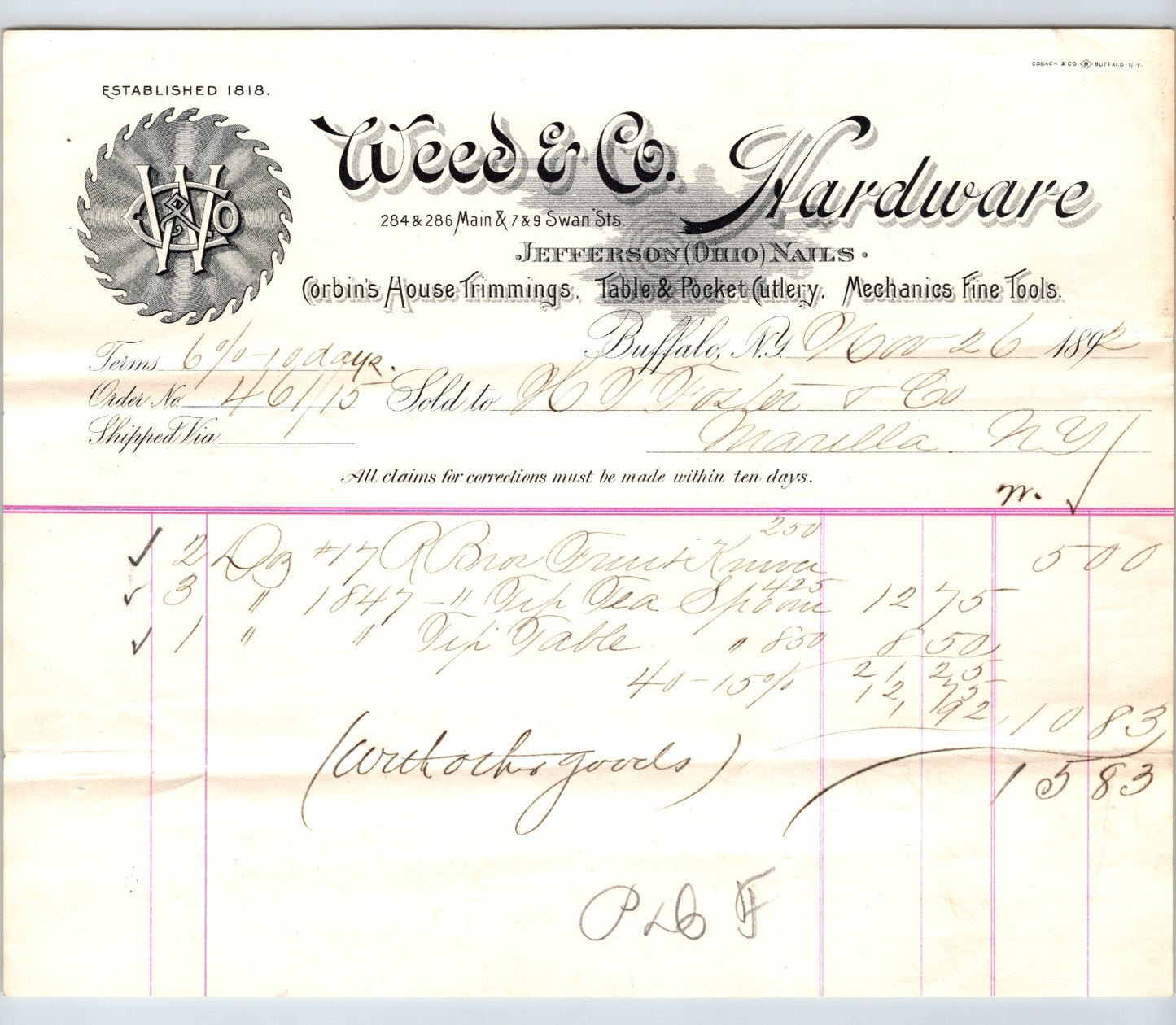 Buffalo New York 1890s Weed Company Hardware Billhead - 8.5 x 7