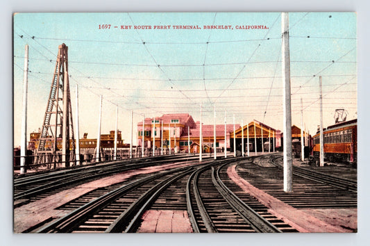 Berkeley California Key Route ferry terminal railroad tracks trolley terminal postcard