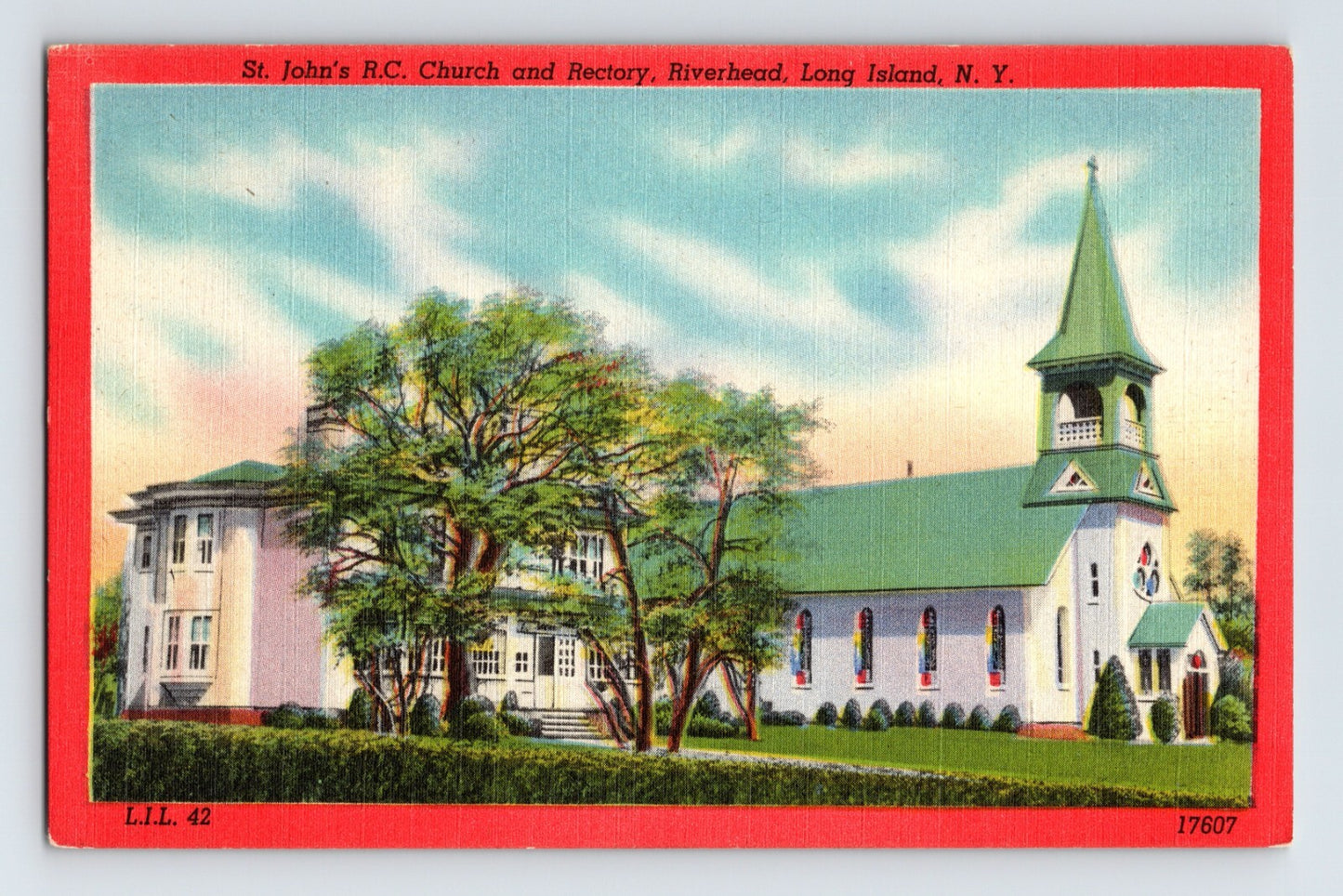 Riverhead Long Island New York St Johns RC Church and rectory with steeple and landscaped grounds linen postcard