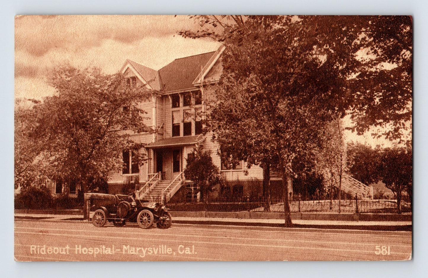 Marysville California Rideout Hospital building automobile 1911 postcard divided back