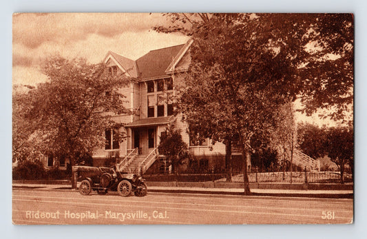 Marysville California Rideout Hospital building automobile 1911 postcard divided back