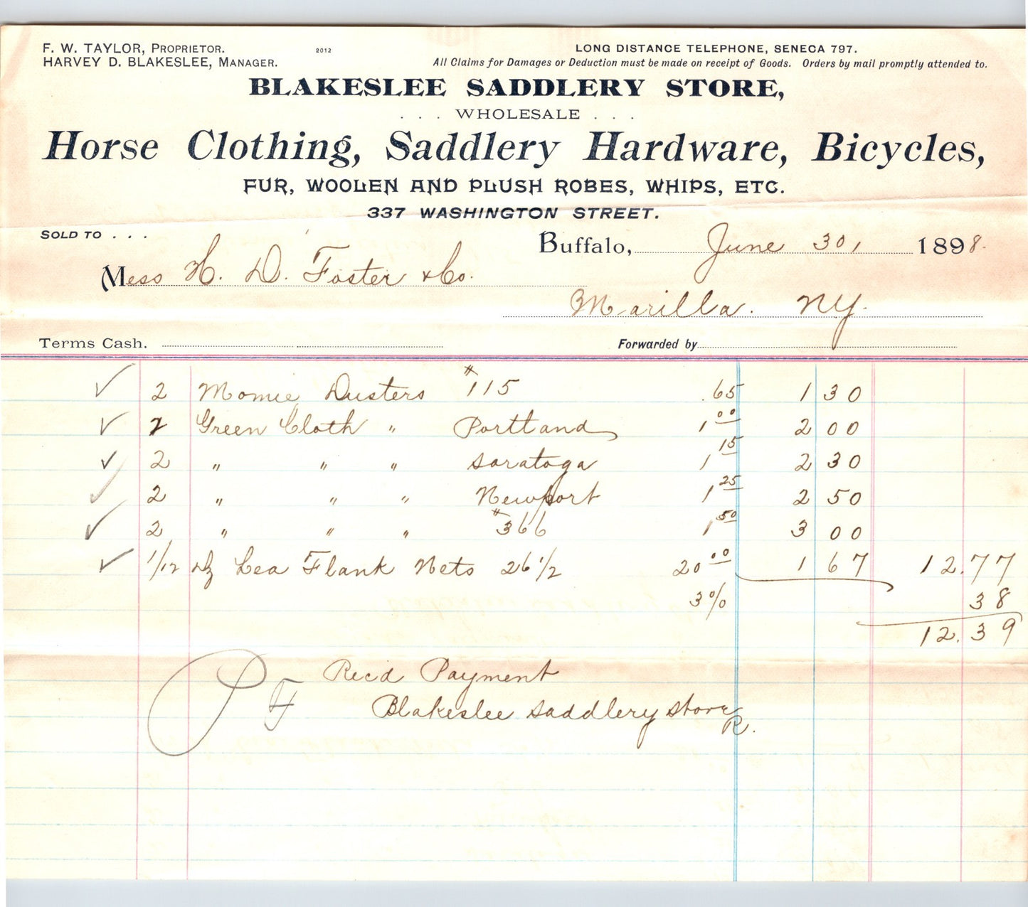 Buffalo New York Blakeslee Saddlery 1898 billhead horse tack bicycles ledger