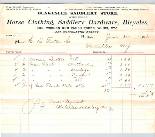 Buffalo New York Blakeslee Saddlery 1898 billhead horse tack bicycles ledger