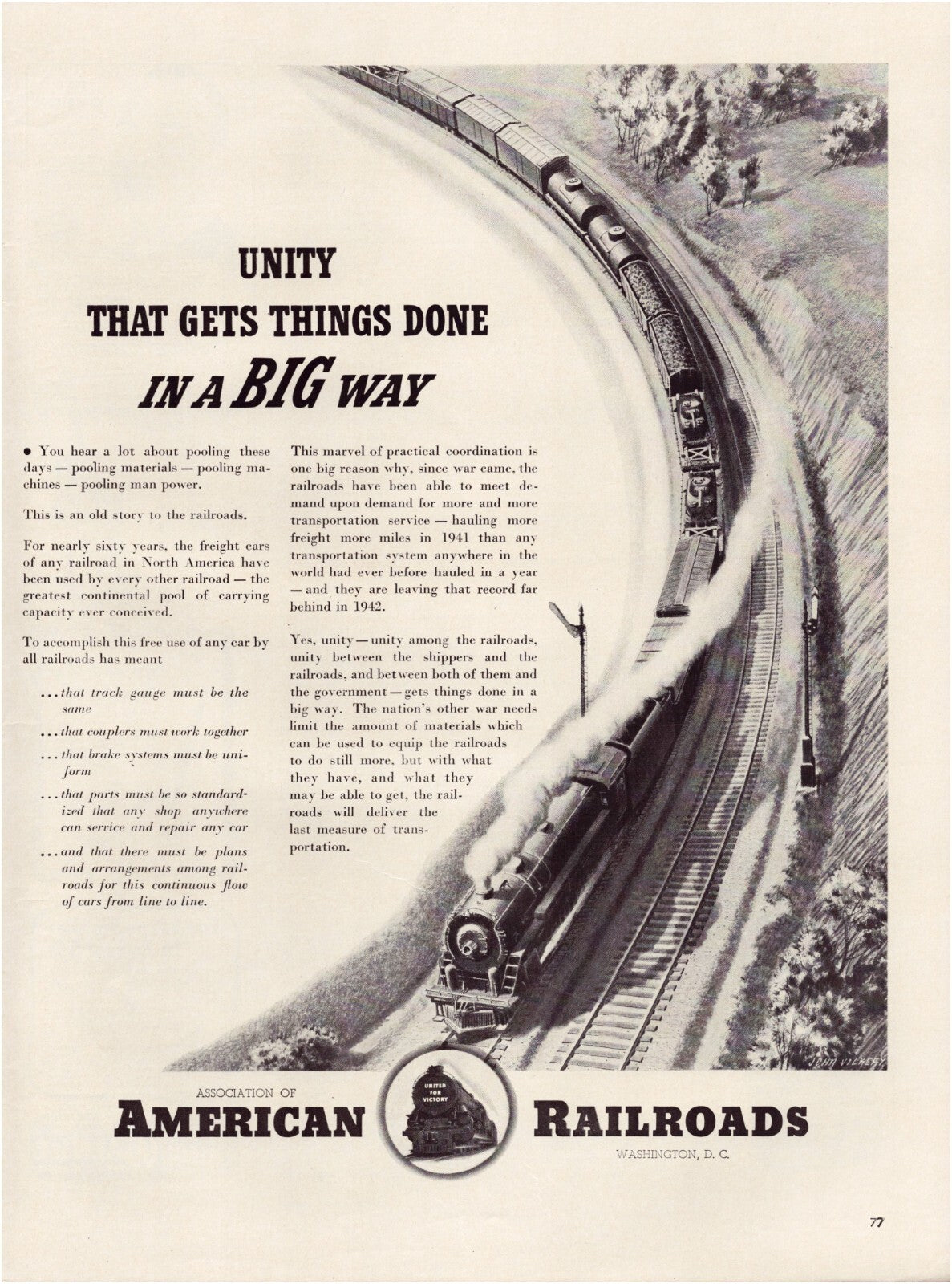American Railroads 1942 print ad train unity wartime transportation steam locomotive full page