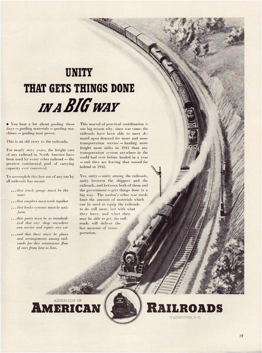 American Railroads 1942 print ad train unity wartime transportation steam locomotive full page