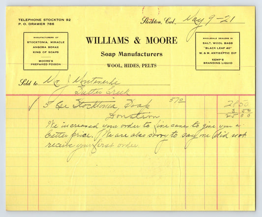 Stockton California 1921 Williams Moore Soap Billhead 8 x 7
