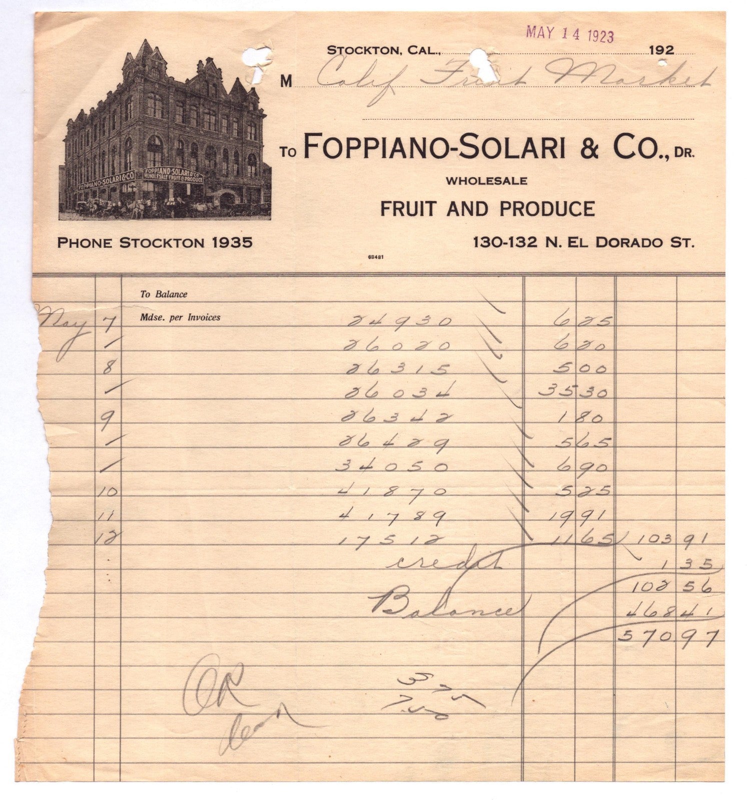 1923 Stockton, California wholesale fruit and produce billhead from Foppiano-Solari & Co. featuring an illustrated commercial building and handwritten accounting entries.