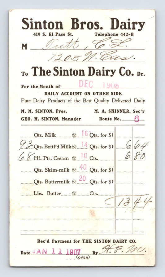 Sinton Bros Dairy Colorado Springs Colorado monthly milk delivery billhead 1900s
