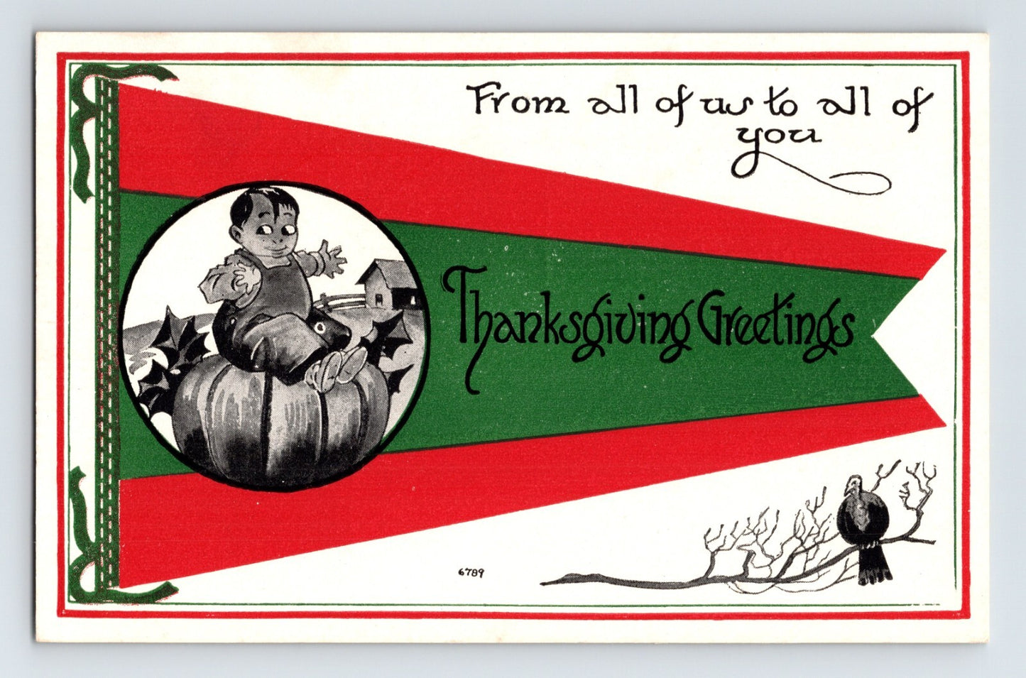 Thanksgiving Little Boy Giant Pumpkin Pennant 1920s Postcard Unposted Divided