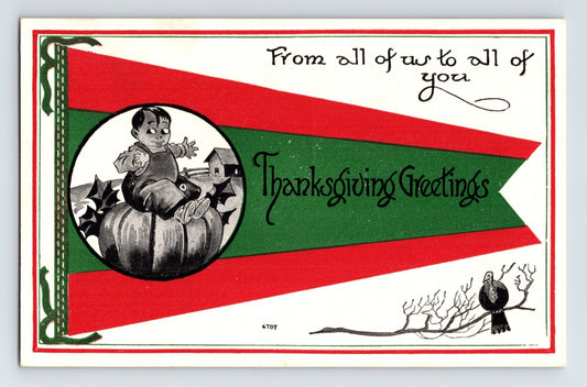 Thanksgiving Little Boy Giant Pumpkin Pennant 1920s Postcard Unposted Divided