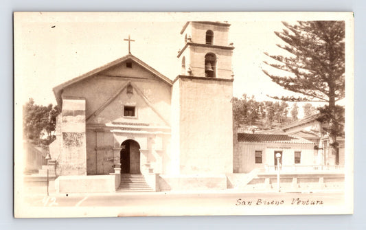 Ventura California Mission San Buenaventura church facade bell tower photo 1930s postcard