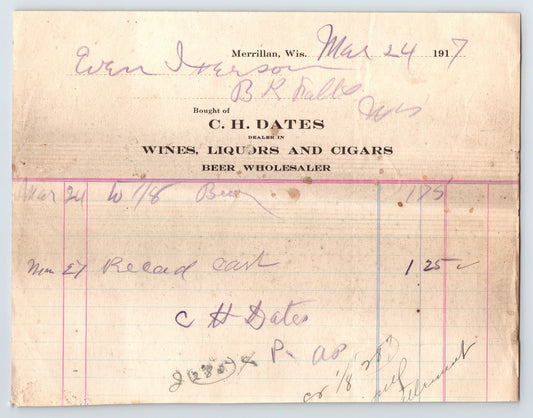 Merrillan Wisconsin 1917 C H Dates Wine Liquor Cigar Beer Billhead 8 x 6.5