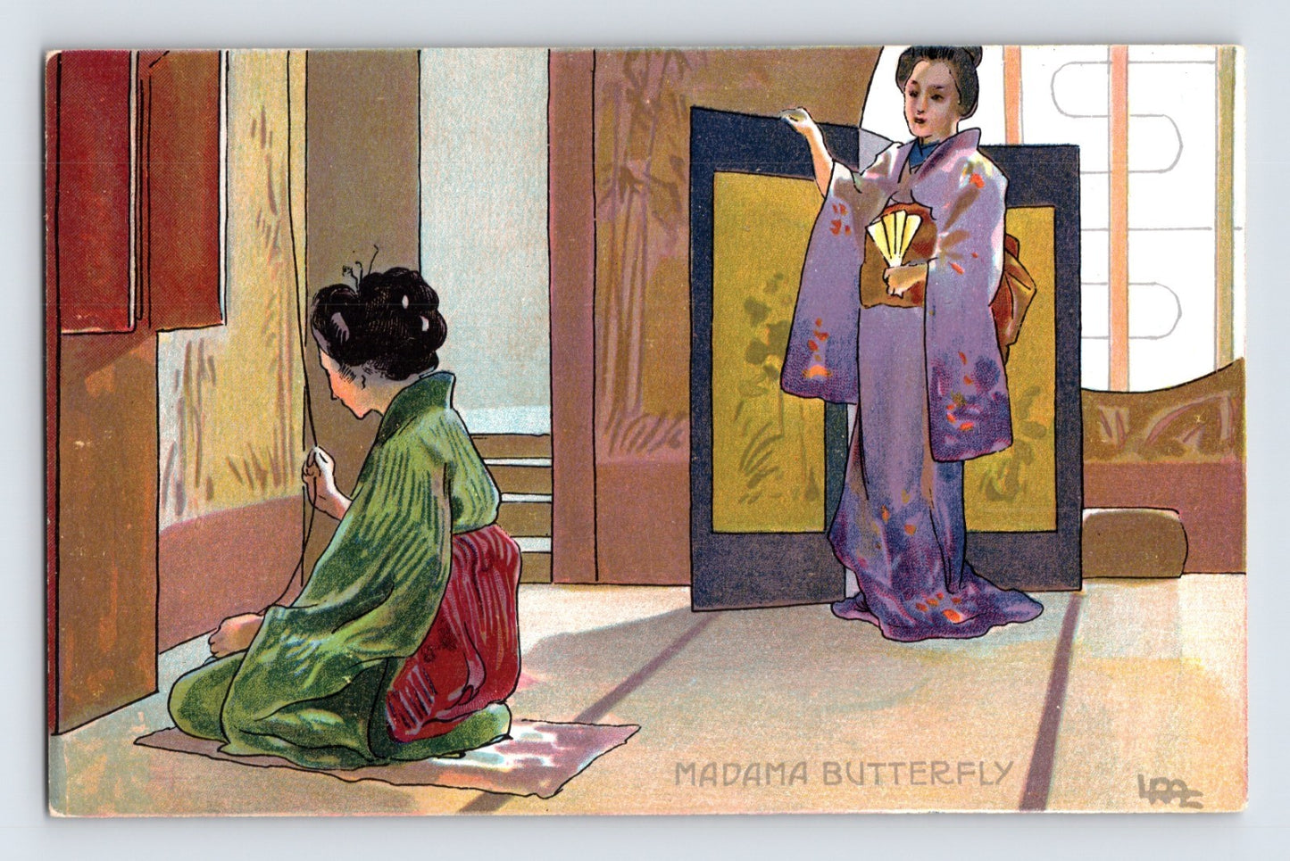 Illustration of two women in traditional Japanese attire, one sitting and one standing, with text 'Madama Butterfly'.